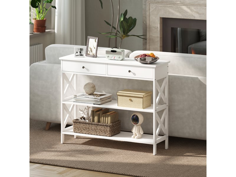  Table de console table d'entrée style table de drapier néo-rétro 2 tiroirs 2 étagères en bois blanc dim. 100l x 30,5l x 80h cm  - Conforama W