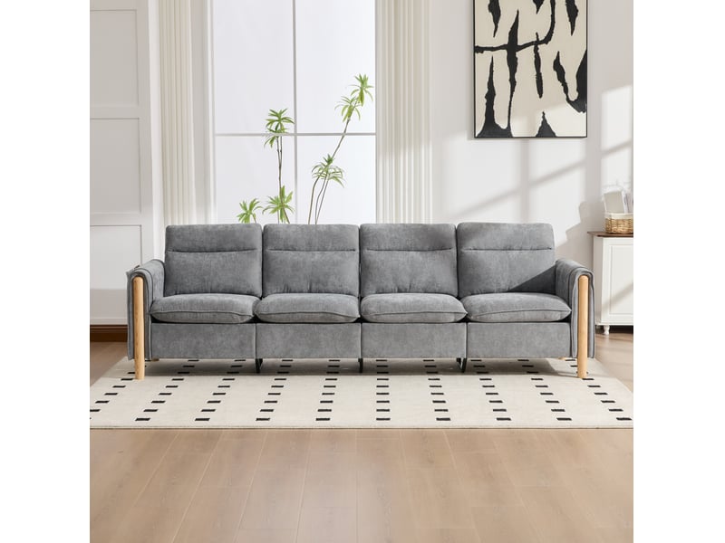  Canapé modulable 4 places en tissu gris clair avec 2 poufs de rangement, pour un salon familial bien organisé  - Conforama E
