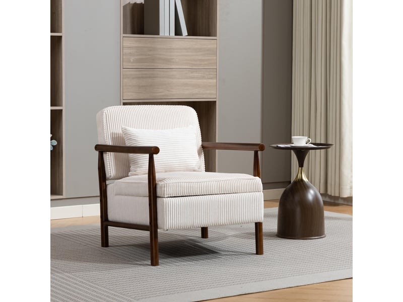  Fauteuil avec rangement et coussin lombaire, bois et velours blanc  - Conforama D