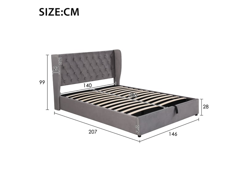  Lit coffre rembourré 140 x 200 cm en velours gris, tête de lit à oreilles capitonnée, sommier à lattes 28985960AAH - Conforama C
