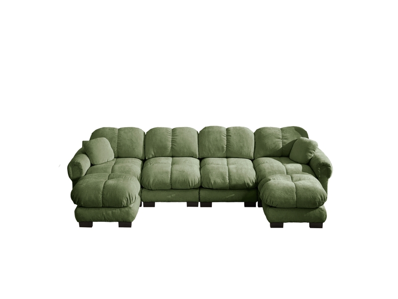  Canapé d'angle modulaire 4 places en tissu vert, forme u avec 2 ottomanes mobiles et dossier ergonomique  - Conforama A