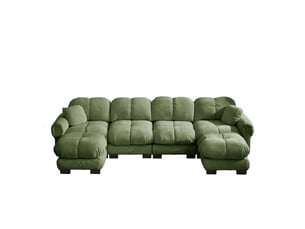 Canapé d'angle modulaire 4 places en tissu vert, forme u avec 2 ottomanes mobiles et dossier ergonomique