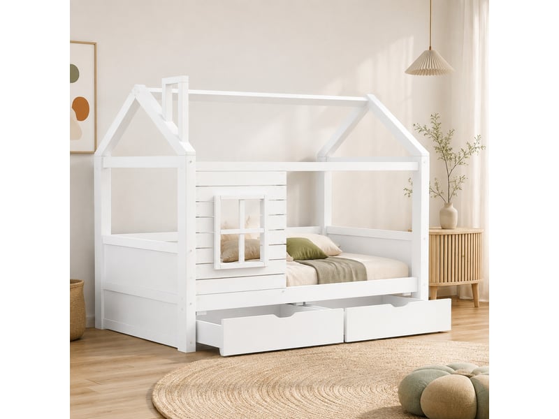  Lit cabane enfant 90 x 200 cm blanc avec protection contre les chutes, sommier à lattes et tiroirs  - Conforama C