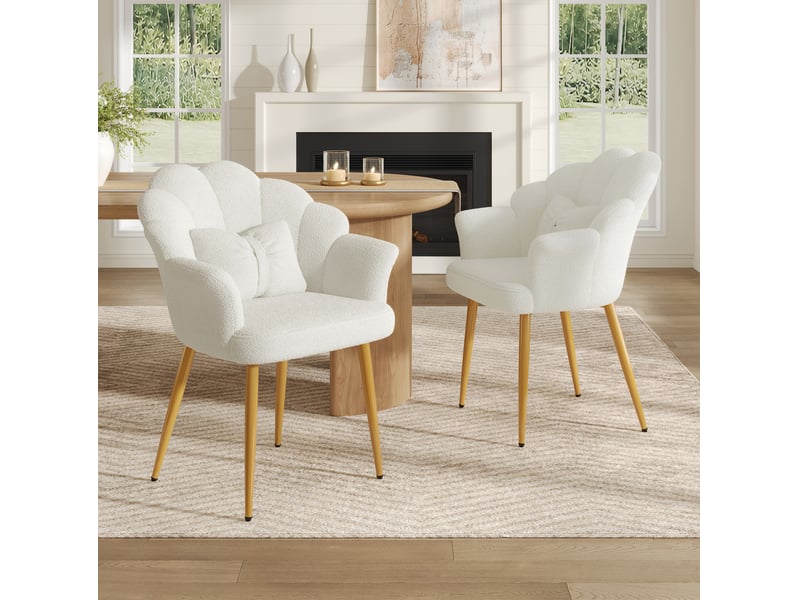  Fauteuil lot de 2 avec dossier en pétales, accoudoirs et coussin, pieds en métal doré, tissu peluche blanc  - Conforama B