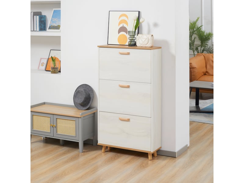  Étagère à chaussures moderne avec 3 tiroirs abattants pour 12 paires de chaussures, idéale pour une entrée (70 x 23,5 x 122 cm, blanche).  - Conforama B