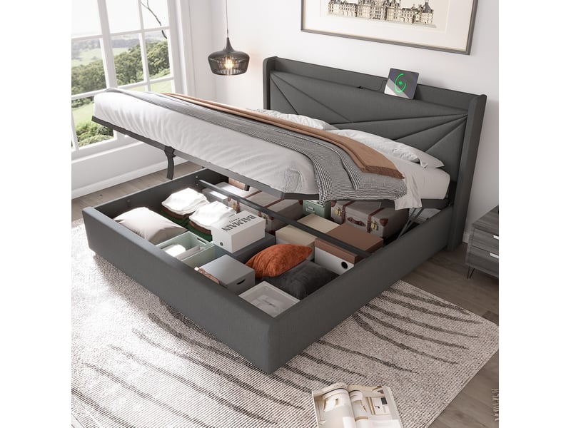 Lit double avec rangement 180 x 200 cm gris avec tête de lit usb et type-c, sommier à lattes  - Conforama C