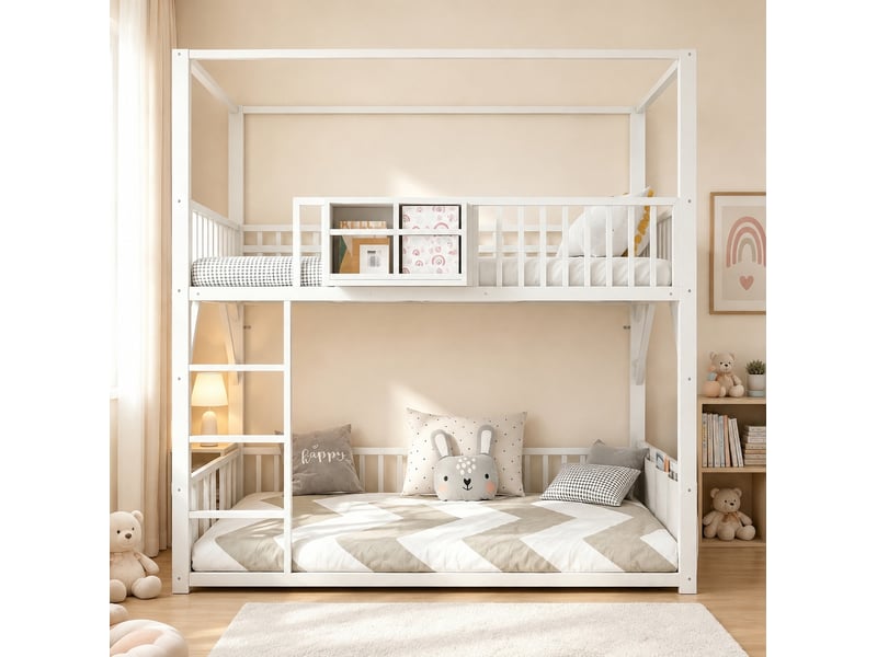  Lit superposé enfant 90x200 cm en métal blanc avec structure de toit et rangements  - Conforama E