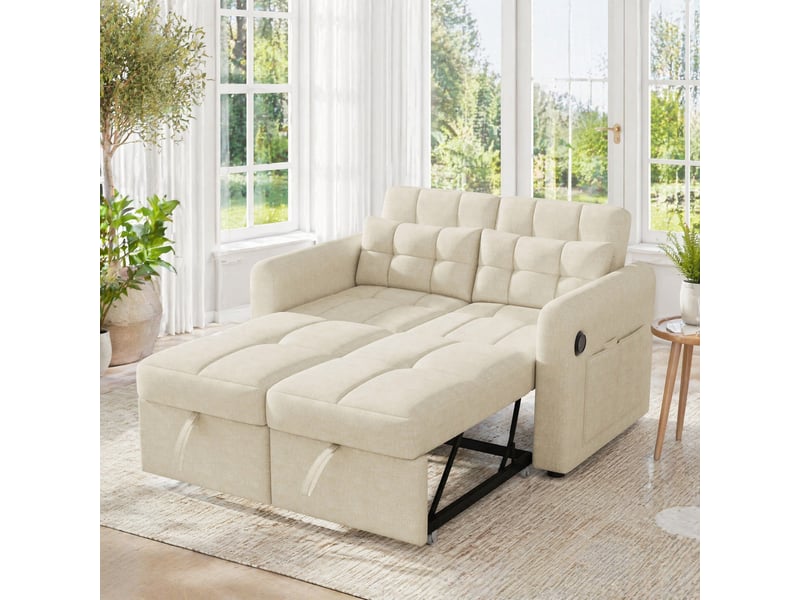  Canapé convertible 2 places 3-en-1, dossier réglable, usb, poches et coussins en aspect lin beige, 142 × 85 × 83 cm  - Conforama C