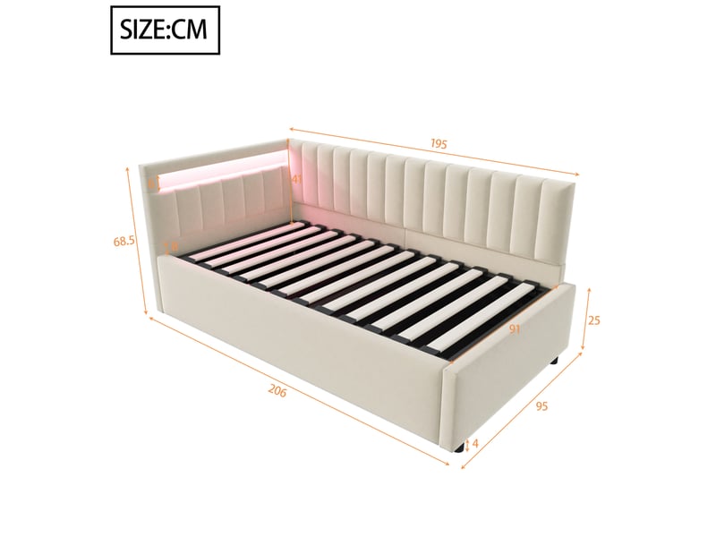  Lit coffre 90x200 cm en velours beige avec led et sommier à lattes  - Conforama E