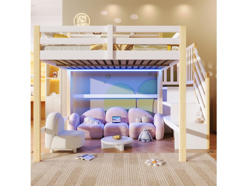  Lit mezzanine modenvie 140 x 200 cm avec led escalier de rangement étagères ouvertes bois pin mdf contreplaqué blanc et naturel  - Conforama D