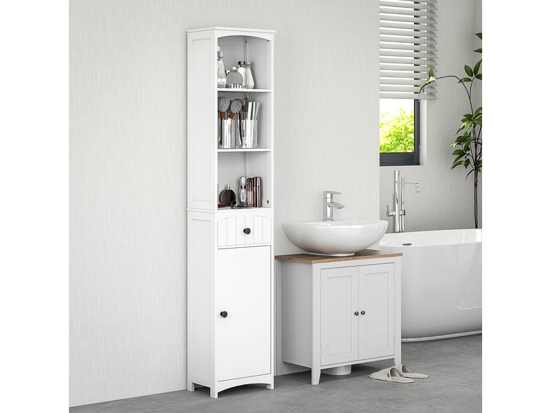  Meuble de salle de bain avec 3 étagères, 1 tiroir, robuste, mdf, blanc  - Conforama C