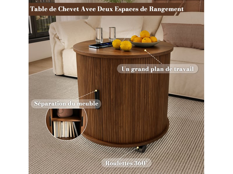  Table de chevet avec rangement et station de charge, porte coulissante, pour chambre en mdf noyer foncé 60 × 60 × 60 cm  - Conforama D