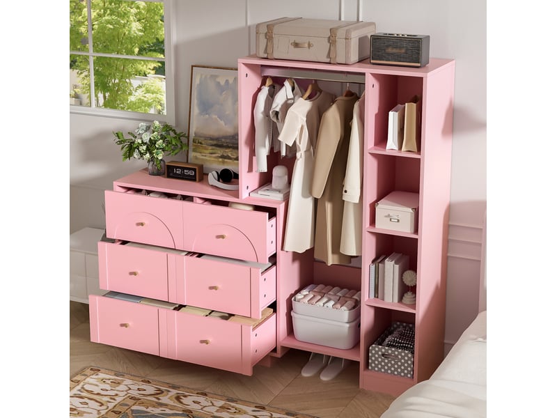  Armoire ouverte 139x35x133 cm avec penderie, 6 tiroirs et étagères rose  - Conforama D