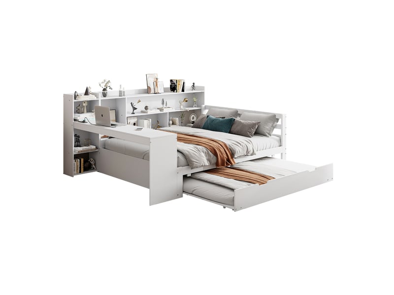  Lit combiné 140x200 cm avec bureau, rangements et prise, bois, blanc sans matelas  - Conforama A