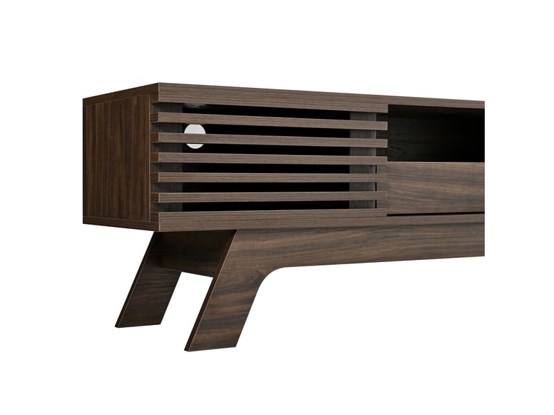  Meuble tv en mdf 150 x 35 x 44 cm avec portes à lamelles, tiroir et passe-câbles, noyer  - Conforama E