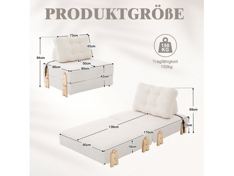  Canapé convertible 1 place en velours côtelé beige, style scandinave, pieds bois, idéal pour petits espaces  - Conforama C