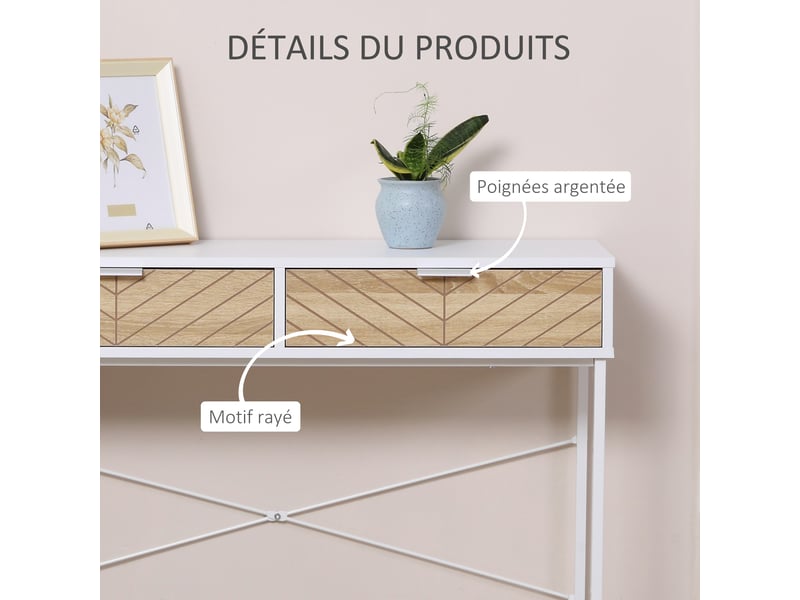  Table console industriel 2 tiroirs aspect bois de chêne sculpté motif à chevrons métal piètement blanc  - Conforama R