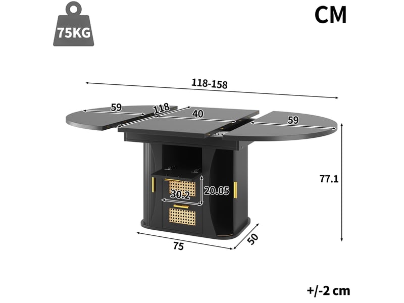  Table à manger extensible 118158x118x77.1 cm avec tiroirs aspect rotin en mdf noir  - Conforama E