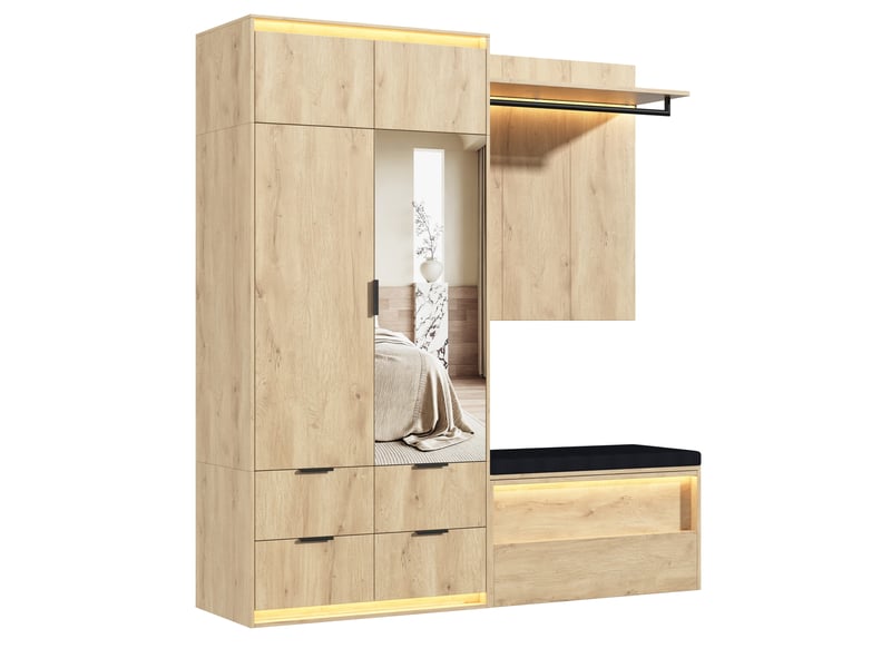  Garde-robe d'entrée 180x47x200 cm avec led, miroir, 2 tringles, 4 tiroirs mdf couleur bois  - Conforama A