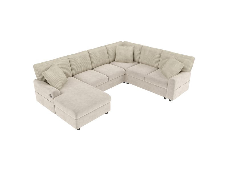  Canapé panoramique 6 places 249x196x83 cm en u avec chaise longue, accoudoirs à poches, usb type-c et 3 coussins, chenille et velours côtelé, beige  - Conforama A