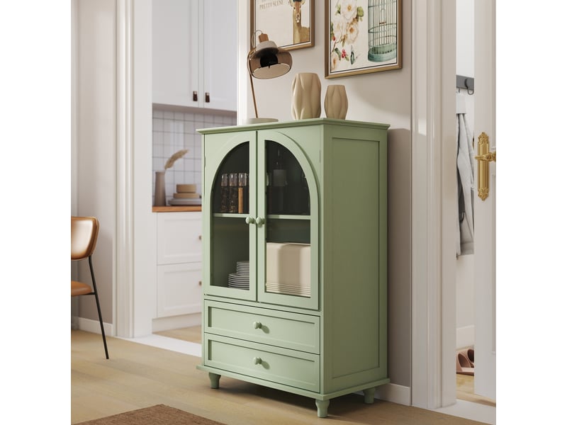  Buffet style campagne vert menthe, 2 portes vitrées bombées trempées, partie supérieure étagée, 2 tiroirs, rangement cuisine salle à manger entrée  - Conforama B