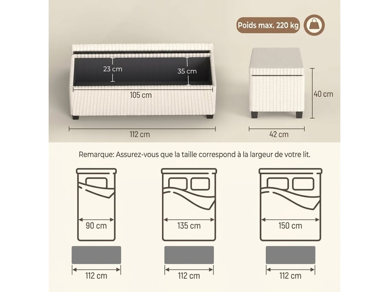  Banc de rangement beige 112x42x40 cm avec coffre, revêtement aspect velours côtelé et pieds en acier  - Conforama C