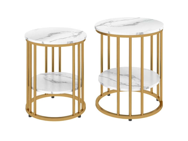  Lot de 2 table basse gigogne rondes blanches effet marbre, rangement ouvert, pieds métal doré, style élégant  - Conforama A