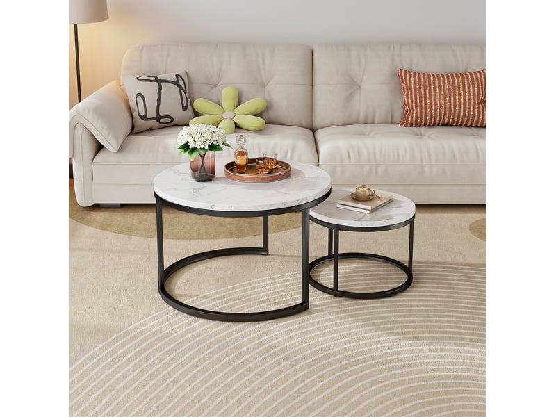  Lot de 2 tables basses gigognes rondes structure métal noire et plateau décor blanc  - Conforama D