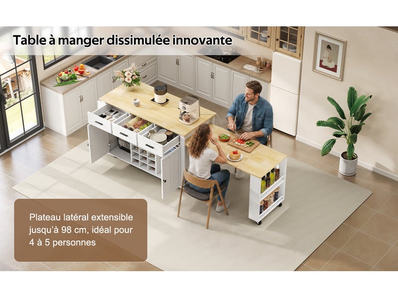  Îlot de cuisine mobile avec plateau extensible, 3 tiroirs, range-bouteilles, prises usb, 7 roulettes, blanc et naturel  - Conforama D