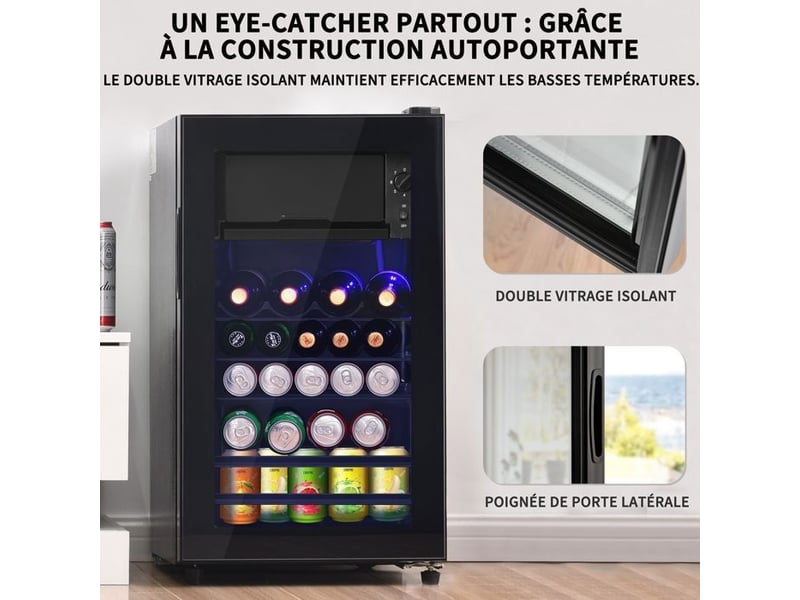 Mini réfrigérateur 76l noir - 6l congélation&70l réfrigération - classe e - éclairage led - mini frigo silencieux - r600a écologique 71.6x40x43.5cm - Conforama E