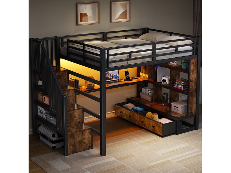  Lit mezzanine 140x200 cm noir en métal et mdf avec bureau, rangements et led  - Conforama B