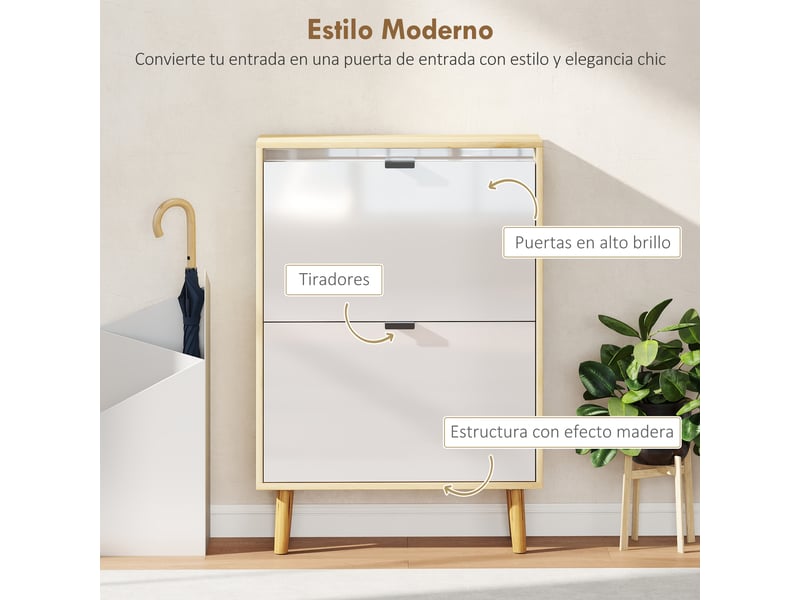 Meuble à chaussures étroit à 2 portes, blanc brillant, étagères réglables, pieds en bois, pour 12 paires de chaussures  - Conforama E