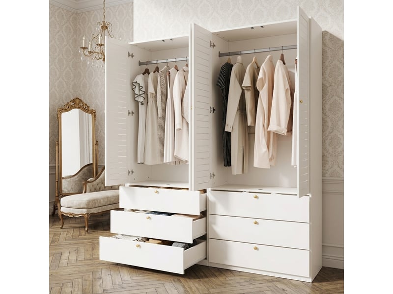  Armoire 4 portes 180x50x200 cm blanche avec 6 tiroirs et 2 penderies  - Conforama E