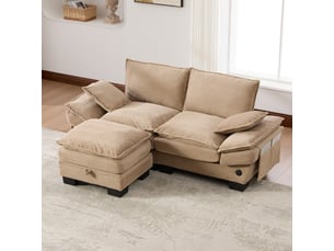 Canapé modulable 2 places en velours côtelé kaki, avec pouf, assise large, mousse haute densité, port usb-c et poches latérales