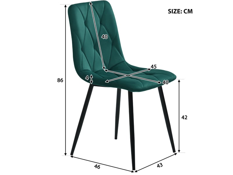  Lot de 4 chaises 46x45x86 cm, motif chevron, revêtement velours vert foncé, structure bois massif, base métallique noire, pour salle à manger  - Conforama C