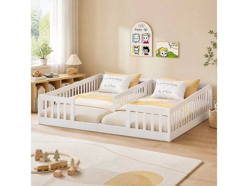 Lit enfant à 2 couchages de 90x200 cm avec barrières et sommiers à lattes, blanc - Conforama D