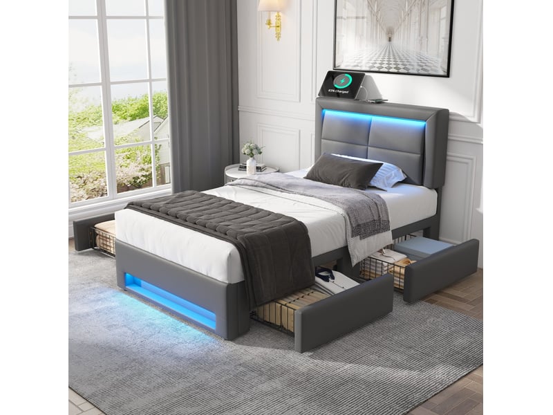 Lit enfant 90x190cm avec 4 tiroirs, ports usb de chargement, lumières led, design moderne, pu, gris, sans matelas - Conforama B