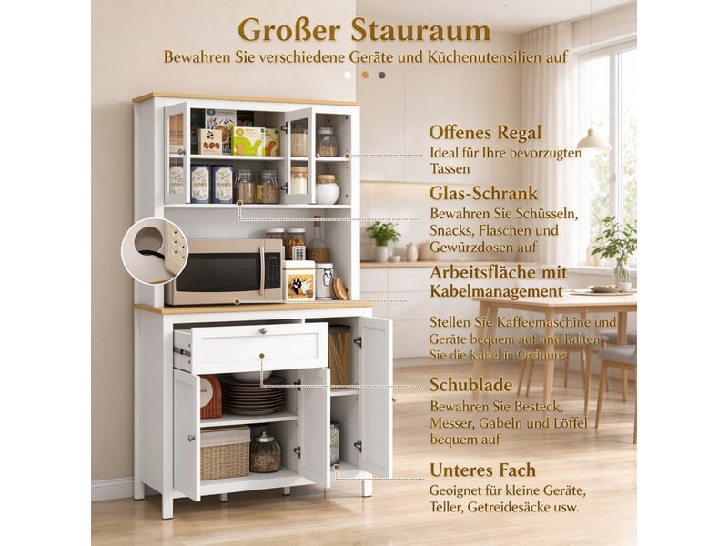  Buffet de rangement - buffet haut de cuisine avec 5 portes (dont 2 portes vitrées), 1 tiroir et niche centrale, blanc  - Conforama W