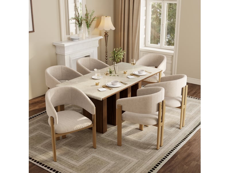  Lot de 2 chaises de salle à manger avec accoudoirs ergonomiques, tissu en lin beige et métal aspect bois naturel  - Conforama E