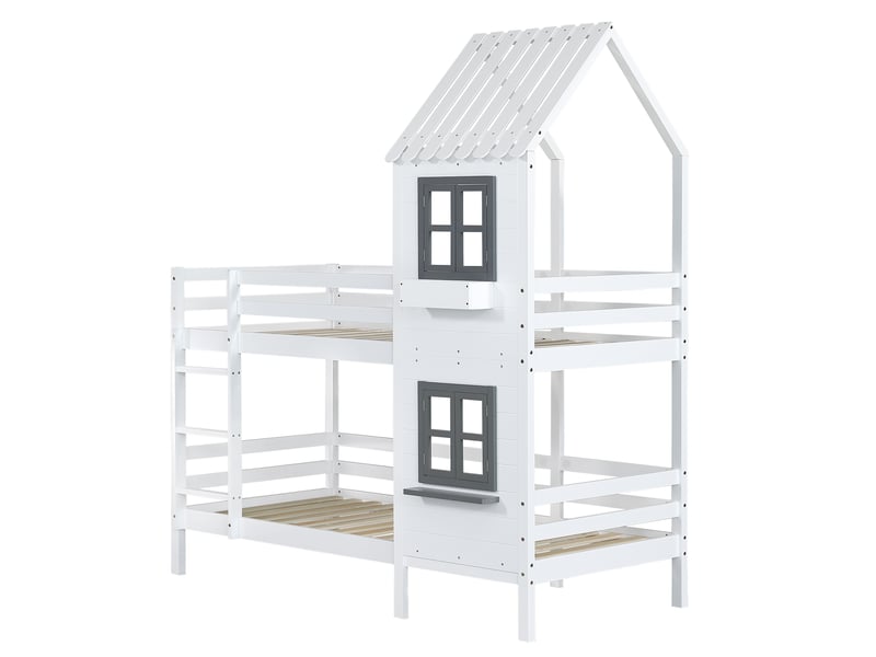 Lit superposé 90x200 cm, lit enfant avec main courante et fenêtre, lit de maison avec protection contre les chutes, pin, blanc - Conforama B