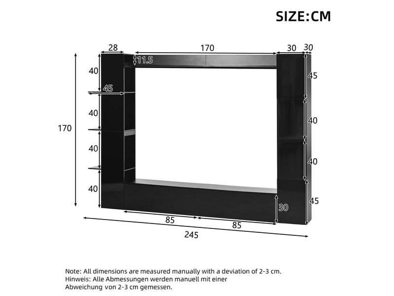  Ensemble meuble salon complet meuble tv mural noir 245 cm avec vitrine et rangements  - Conforama C