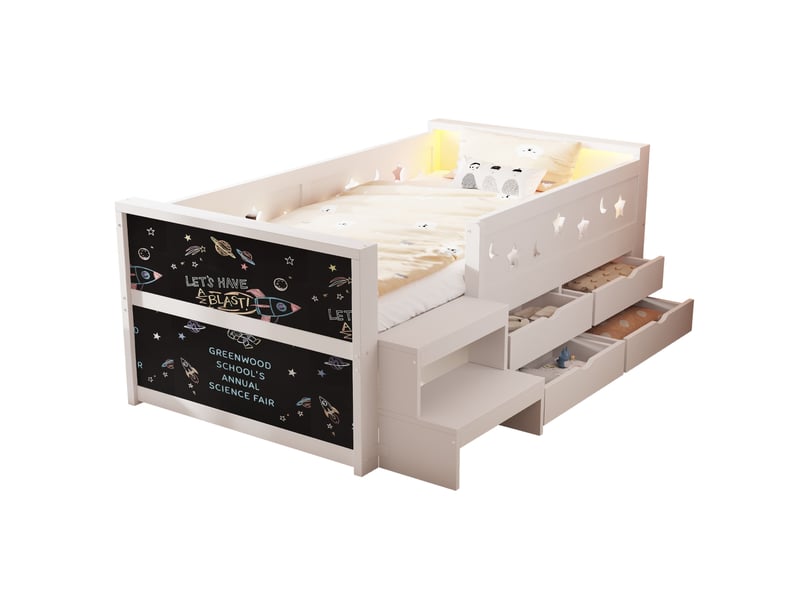  Lit enfant 90x200 cm avec 4 tiroirs, led et tableau coloris blanc  - Conforama A