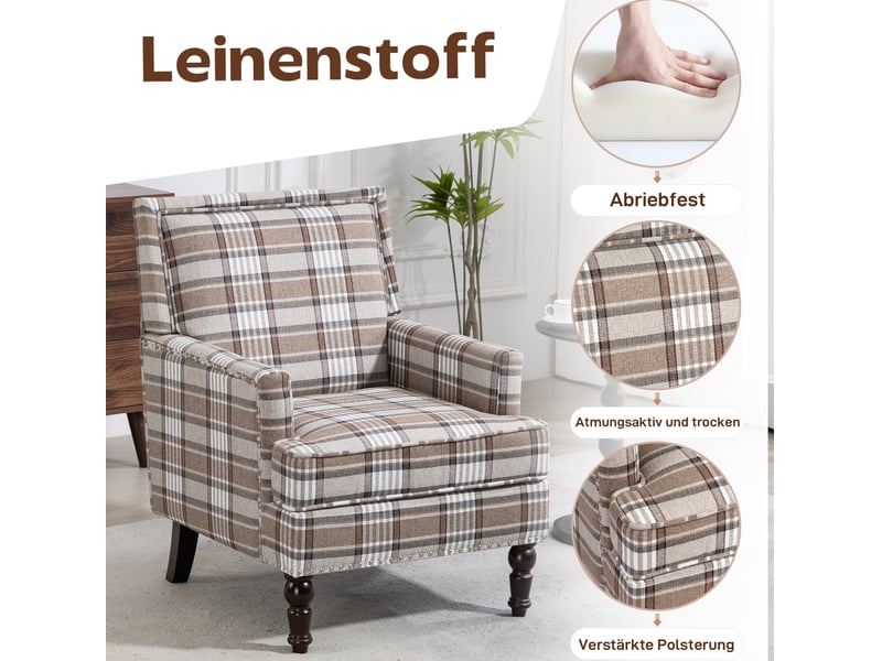  Fauteuil d'appoint 69x69x89 cm, dossier rayé, confort, structure bois, pour salon, coton et lin, couleur marron, blanc  - Conforama D
