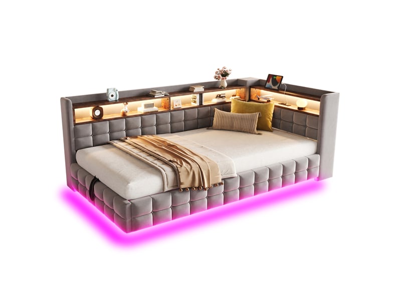  Lit banquette 90 x 200 cm gris clair en velours, coffre hydraulique, led et prises de charge intégrées  - Conforama A