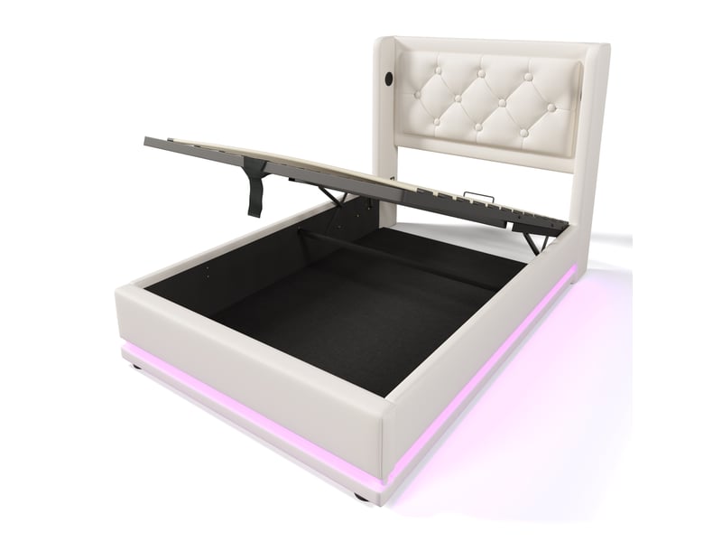 Lit coffre adulte 90x200 cm – blanc – rangement hydraulique, led 3 côtés, usb-c, avec matelas h3 - Conforama D