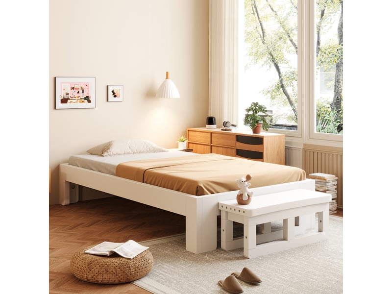  Lit enfant transformable 90x200 cm, lit bas ou surélevé avec barrières, banc de pied et sommier à lattes, pin et mdf, blanc OPULERANE TRADING LTD - Conforama D
