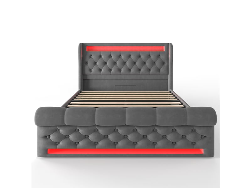  Lit double capitonné led avec coffre hydraulique velours gris 160x200 cm usb-c + matelas  - Conforama A