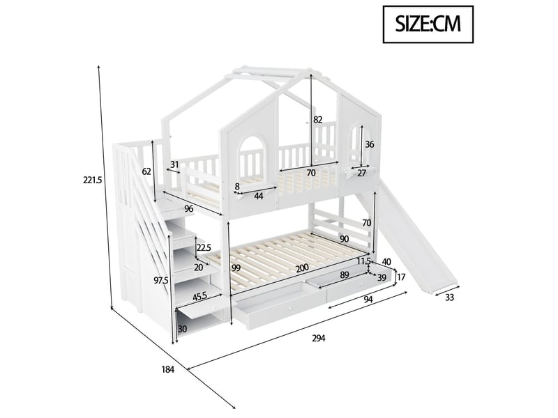  Lit superposé enfant 90x200, structure bois robuste lit superpose cabane, toboggan intégré, échelle rangement, tiroirs coulissants  - Conforama C