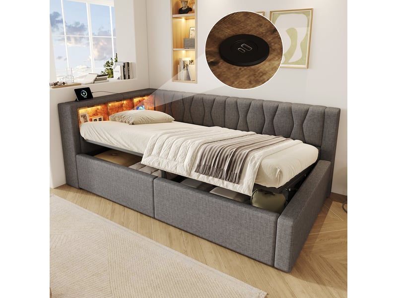  Lit banquette 90 x 200 cm avec coffre hydraulique, led dimmable, étagères, port usb, tête de lit réversible, revêtement gris, sans matelas  - Conforama B