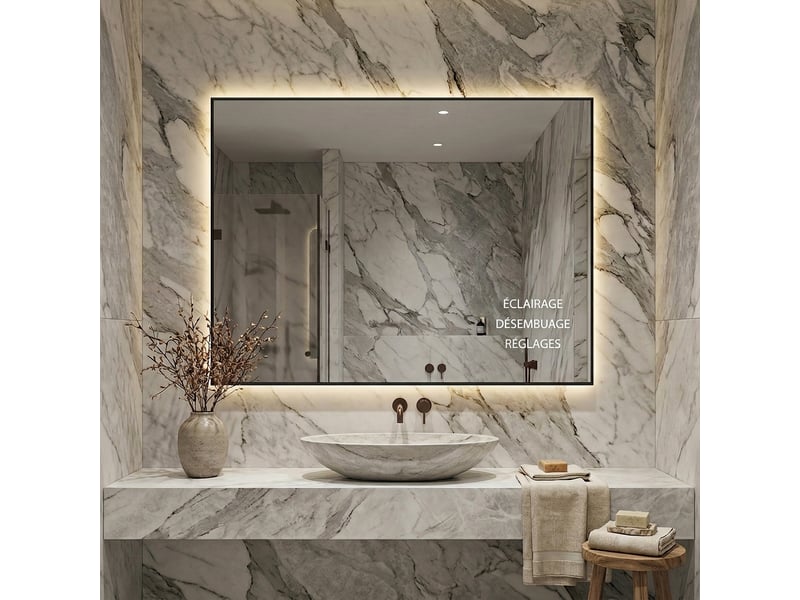  Miroir de salle de bain led 60x80 cm avec cadre en aluminium, rétroéclairé, anti-buée, 3 couleurs dimmables  - Conforama B